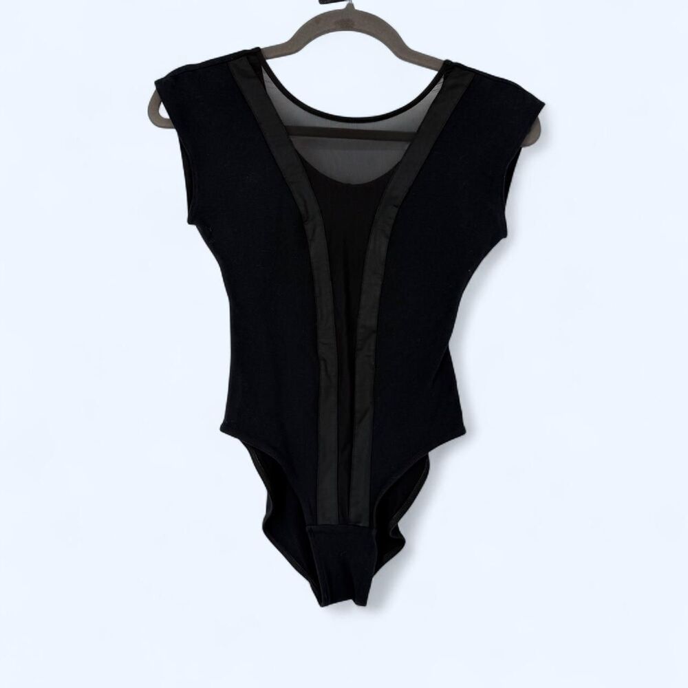 Black Mesh Panel Illusion Bodysuit Sleeveless Trim Geometric Leotard